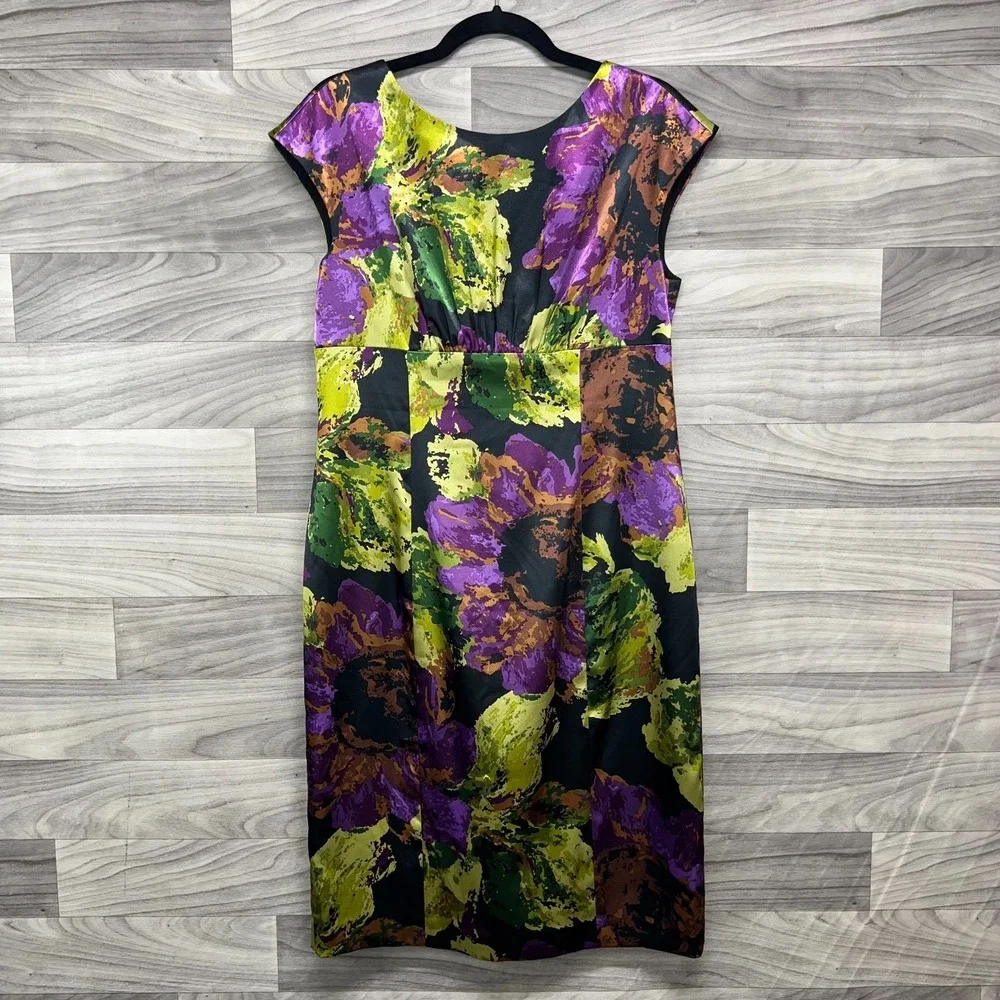 Jones New York Dress Women's Size‎ 12 Black Purple Floral Print Wedding Evening
